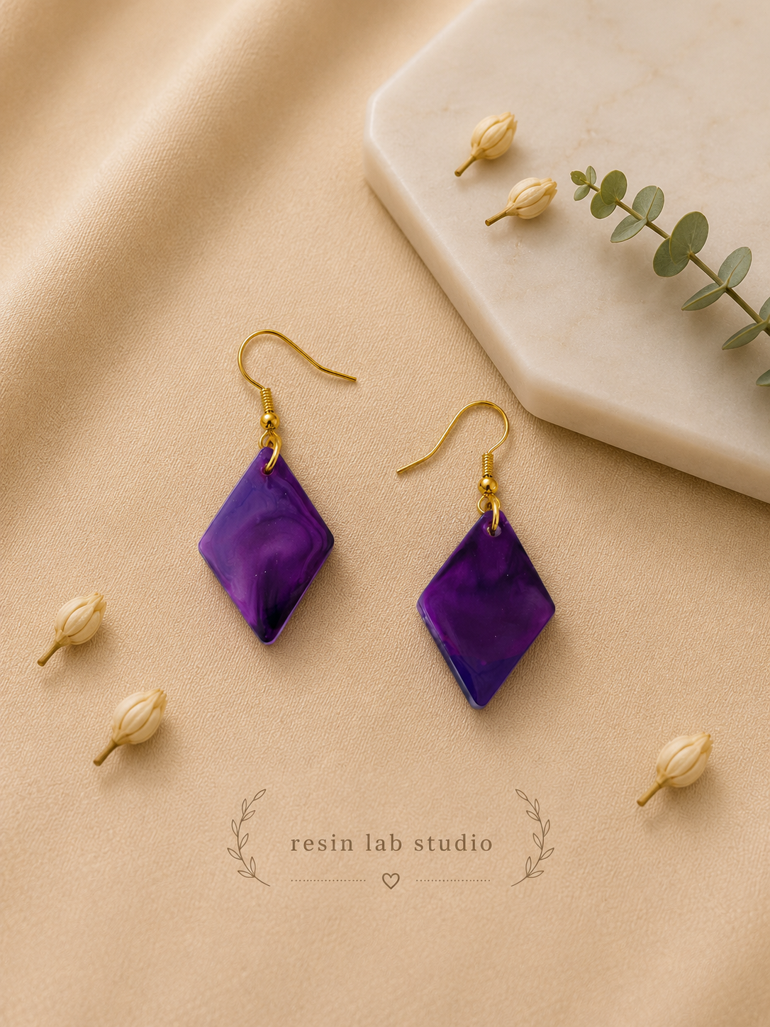 Amethyst Rhombus Earrings — Purple Marble Resin