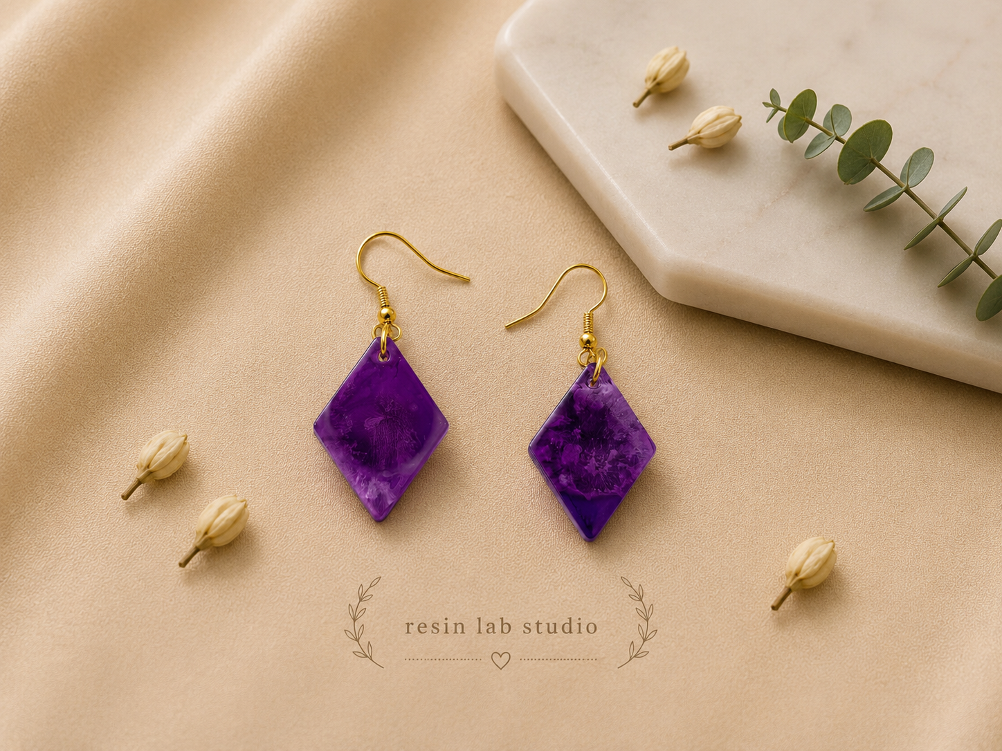 Amethyst Rhombus Earrings — Purple Marble Resin